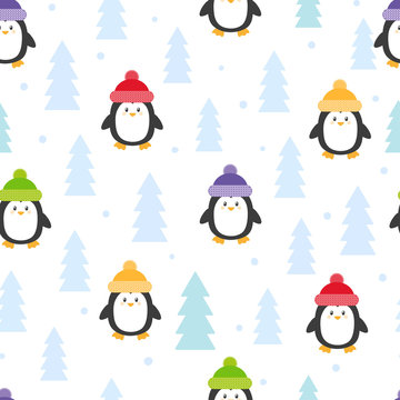 Cute cartoon penguins seamless pattern. Vector winter holiday background.