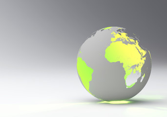 Design of a green earth globe, transparent continent effect, horizontal view