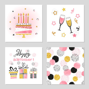 Happy Birthday cards set. Celebration vector illustrations with birthday cake, wine glasses and gifts.