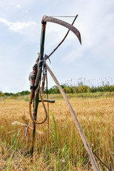 Naklejka premium retro harvesting tools hanging on a sickle
