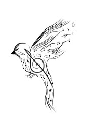 Bird with smaller musical notes isolated on white background. Vector illustration