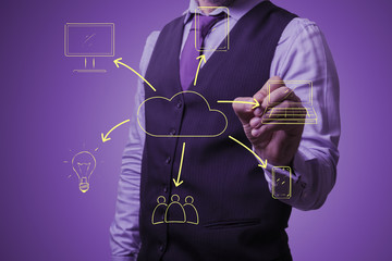 businessman draws a virtual cloud