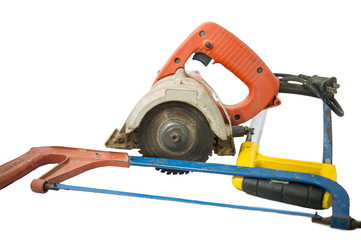 unior hacksaw with orange and yellow plastic handle isolated on white , Electric iron cutting machine