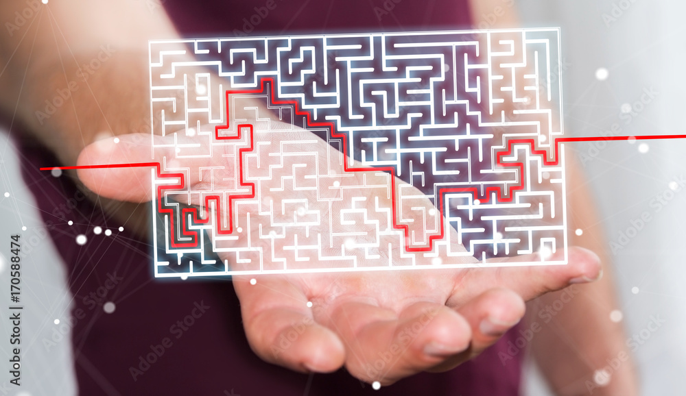 Poster Businessman searching solution of a complicated maze