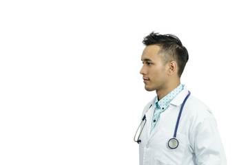 Fototapeta premium Close up of professional male doctor in white gown with stethoscope, side view ,isolated on white with copy space,clipping path