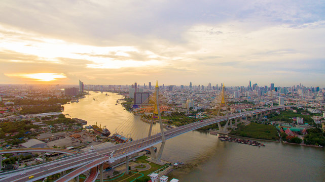 aerial view of bhumibol bridge crossing chaopraya river in bangkok
