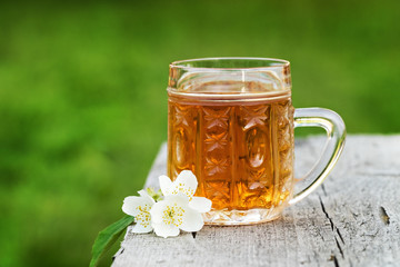 Jasmine tea in a beautiful glass Cup on a background of green foliage.