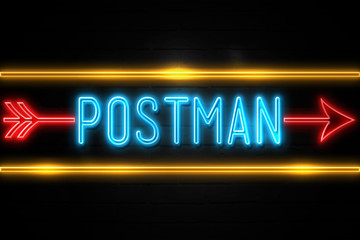 Postman  - fluorescent Neon Sign on brickwall Front view