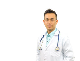 Fototapeta premium Professional male doctor in white coat with stethoscope ,isolated on white background.healthcare and medicine concept ,studio