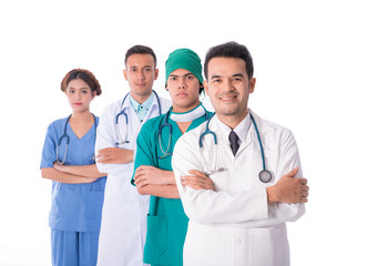 Fototapeta premium Team of professional doctors isolated on white background in studio,selective focus