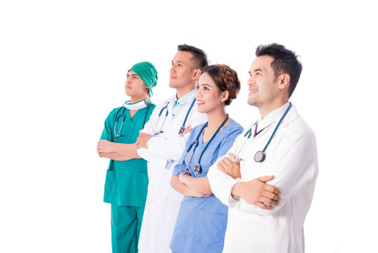 Team Of Professional Doctors Isolated On White Background In Studio , Selective Focus