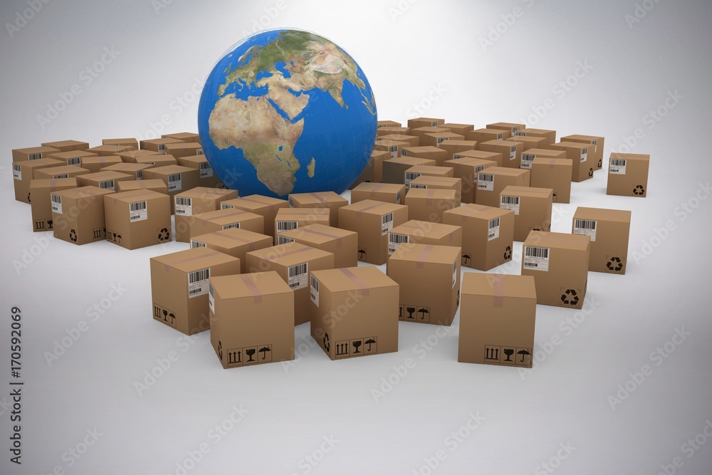 Poster composite image of 3d image of globe amidst cardboard boxes