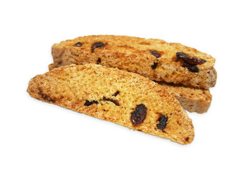 3 pieces of dried cranberry biscotti on white background. Biscotti is a traditional hard and dry Italian style cookie, which is normally eaten after dunk in coffee. Selective focus with clipping path.