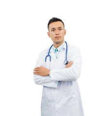 Fototapeta premium Professional male doctor in white coat with stethoscope ,isolated on white background.health care and medicine concept ,studio