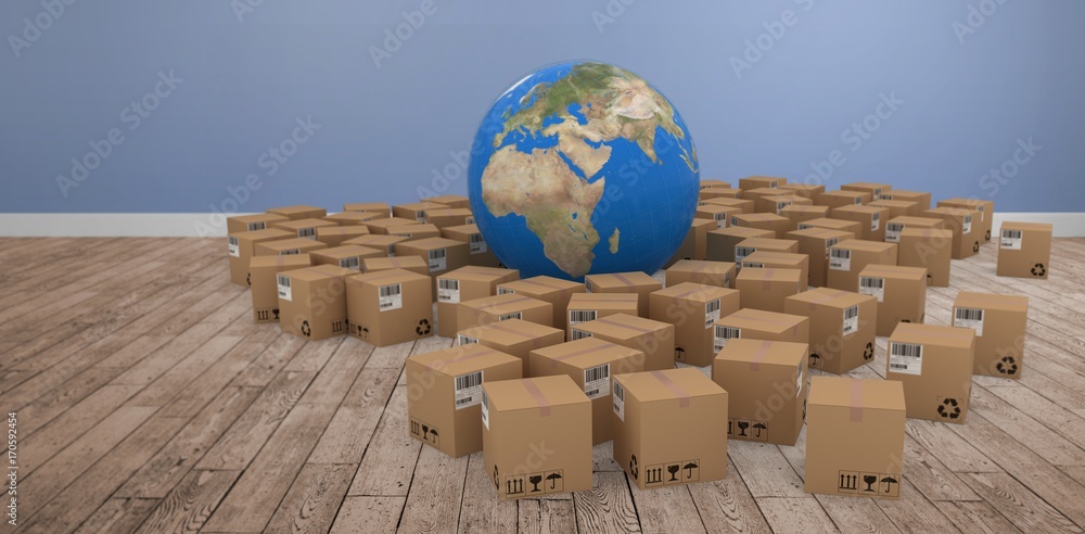 Aufkleber composite image of 3d image of globe amidst cardboard boxes