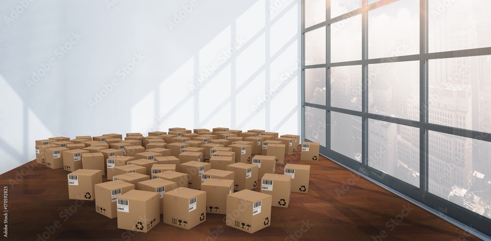 Poster composite image of group of digital composite cardboard boxes