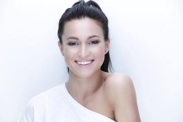 close-up portrait of a young woman's face.
