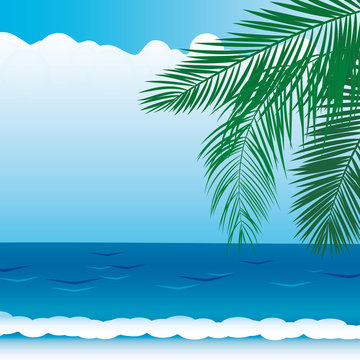 vector background with sea views, branches of palm trees