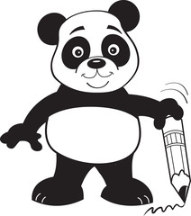 Black and white illustration of a panda bear holding a pencil.