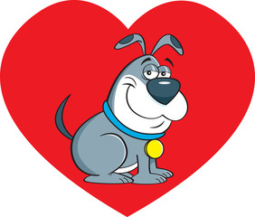Cartoon illustration of a dog with a heart background.