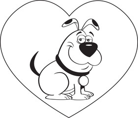 Black and white illustration of a dog with a heart background.