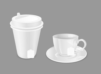 Glass cup with saucer and paper coffee cup. Tea bag