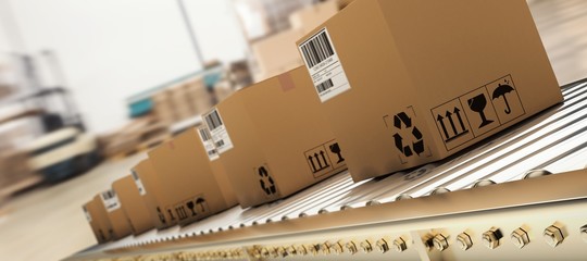 Composite image of packed courier on production line - obrazy, fototapety, plakaty
