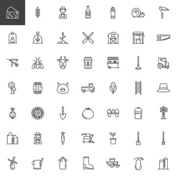 Farming and agriculture line icons set, outline vector symbol collection, linear style pictogram pack. Signs, logo illustration. Set includes icons as agriculture equipment, glove, shovel, rake
