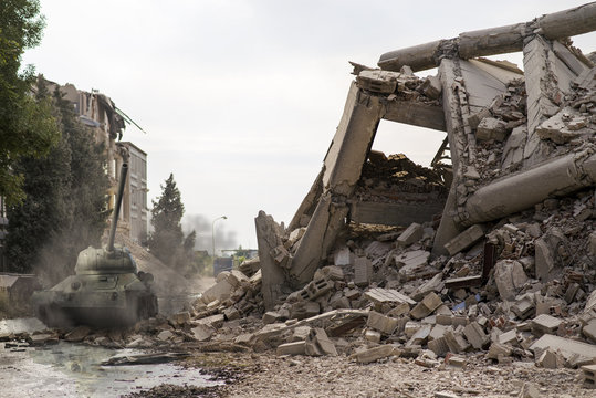 Tank amongst city ruins