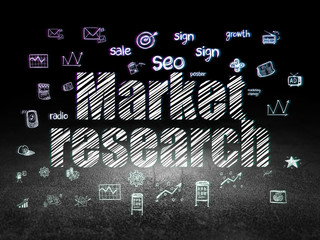 Advertising concept: Market Research in grunge dark room