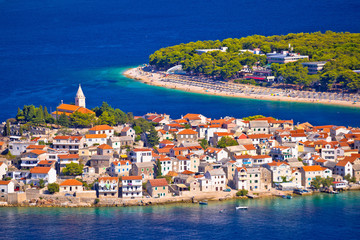 Adriatic tourist destination of Primosten aerial panoramic archipelago view - obrazy, fototapety, plakaty