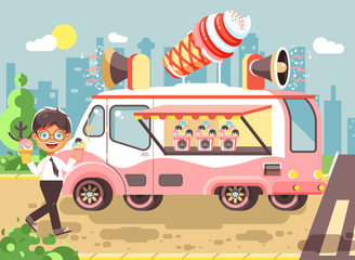 Naklejka premium Vector illustration cartoon character child, pupil, schoolboy lonely brunette boy buy eat ice cream, vanilla, chocolate, popsicles from car, meals on wheels, street food, school snack flat style