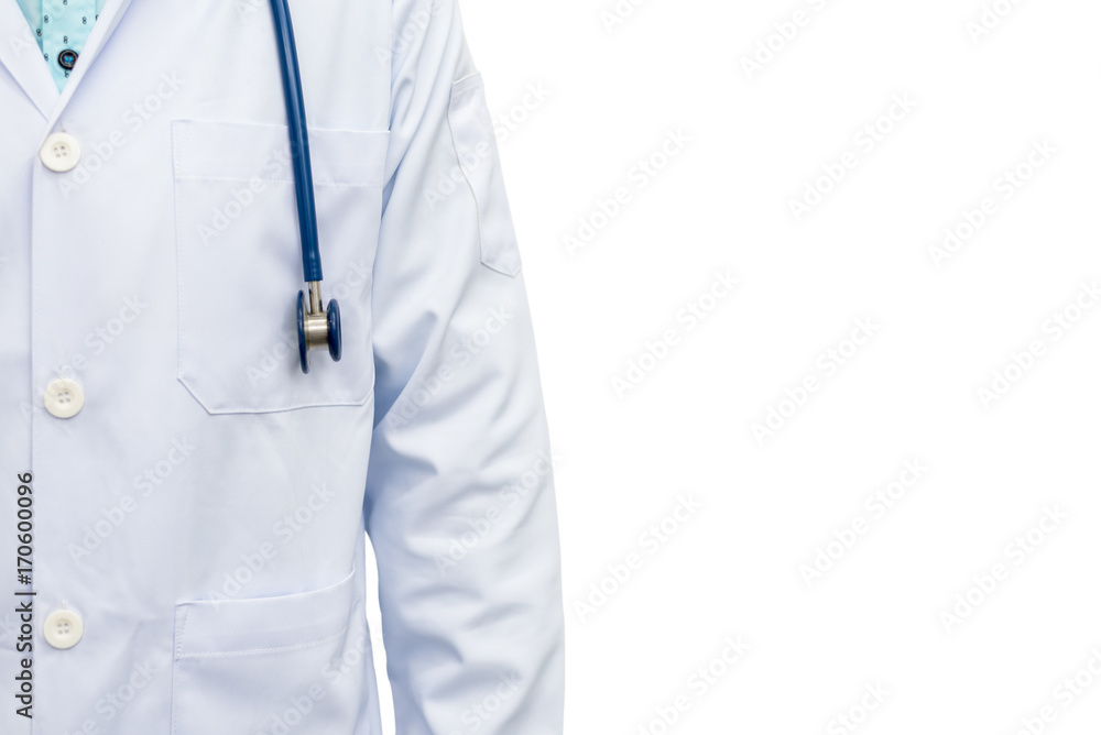 Wall mural closed up of male doctor in white uniform with stethoscope. isolated on white