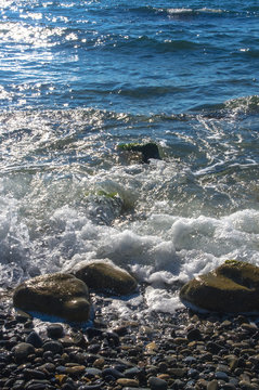 Fototapeta rocky sea shore with pebble beach, waves with foam