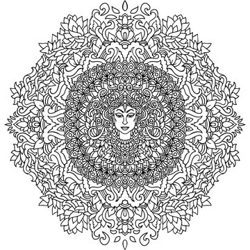 Abstract mandala ornament. Asian pattern. Black and white authentic background. Vector illustration. Budda face.