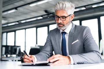 Mature businessman in gray suit in the office.