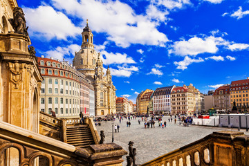 Travel in Germany - elegant baroque Dresden. square Neumarkt with famous Frauenkirche church - obrazy, fototapety, plakaty