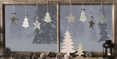 Window, Grey Winter Landscape, Christmas Tree