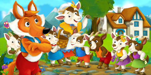 cartoon scene with fox and little goats - illustration for children