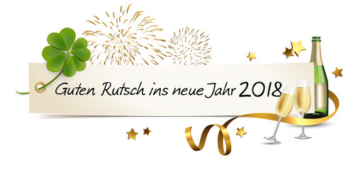 Silvester Banner mit Sekt, Kleeblatt und Feuerwerk - Guten Rutsch ins neue Jahr 2018
