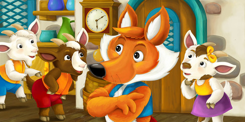 cartoon scene with fox and goats in old fashioned house - kitchen - illustration for the children
