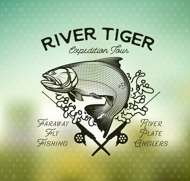 Golden Dorado Fishing emblem on blur background. Vector Illustration.