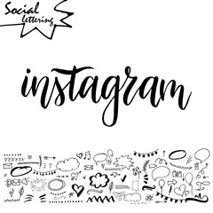 Hand drawn lettering word with set of social media elements. Vector illustration