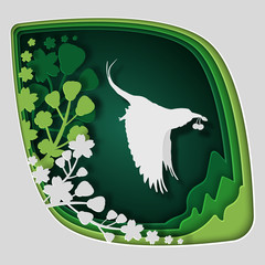 Paper art carve to bird on tree branch in forest at night, origami concept nature and animals idea, vector art and illustration.