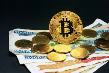 Golden bitcoin money background. Bitcoin cryptocurrency