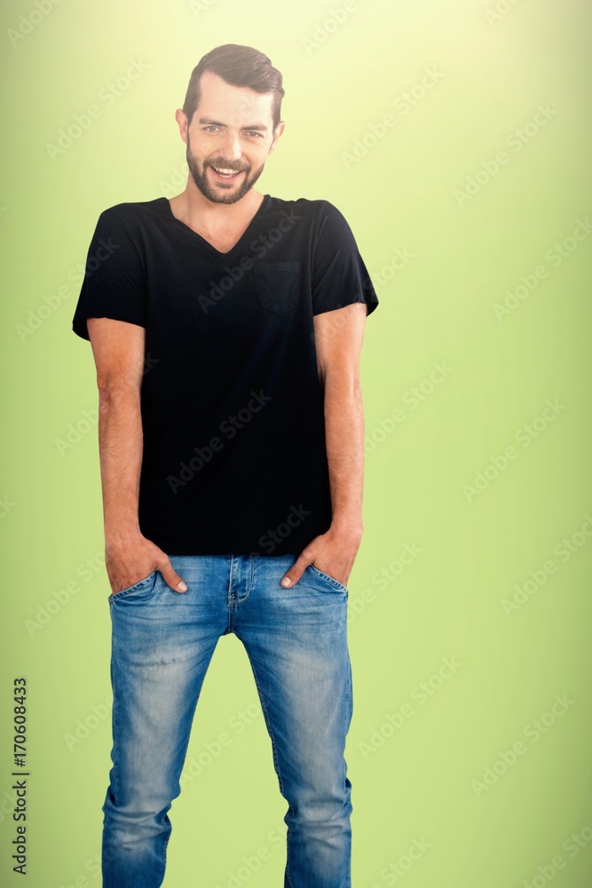 Poster composite image of portrait of smiling man with hands in pockets