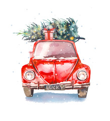 Boże Narodzenie ilustracja Akwarela retro samochód z pudełko i choinki na górze i płatki śniegu. Odosobniony zima wakacje przedmiot na białym tle - 170608448
