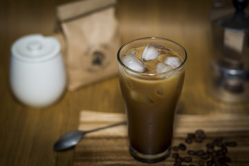 coffee serve in set on wooden plate 
