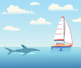 Naklejka premium The shark is pursuing the yacht.