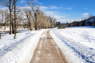 Cleaned Path in a Park Covered in Snow on a Sunny Winter Morning. Calgary, AB.